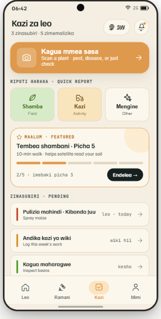 The Rada App · Kazi za leo (Today's tasks) — Kiswahili-first interface